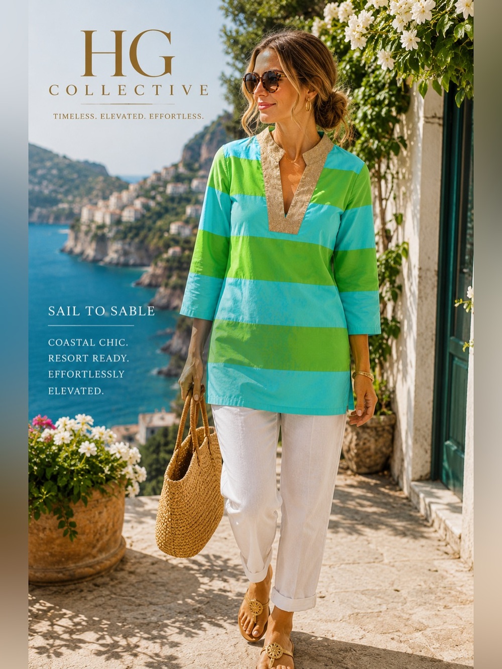 Sail to Sable Green Aqua Stripe Tunic Top Size L Resort Beach Coverup Coastal